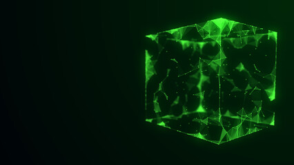 Fototapeta na wymiar Space cube. Network connection structure cyberspace with moving particles in a closed room. Big data visualization. Abstract cyber security background. 3D rendering.