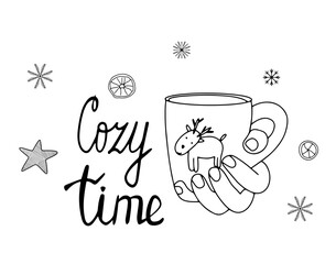 Doodle vector hand holding cup with deer. Winter hand drawn illustration. lettering phrase Cozy time