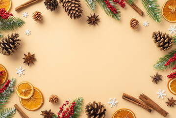 Winter aesthetic concept. Top view photo of fir branches in frost mistletoe berries dried orange slices pine cones cinnamon sticks snowflakes on isolated beige background with copyspace in the middle