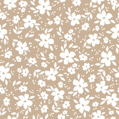 Cute floral pattern. Seamless vector texture. An elegant template for fashionable prints. Print with white flowers and  leaves. beige background.