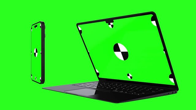 Laptop, smartphone with green screens. 3D animation for presentation on mockup screen.
