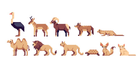 Desert Animals pixel art set. Safari wildlife collection. Savanna species. 8 bit sprite. Game development, mobile app.  Isolated vector illustration.