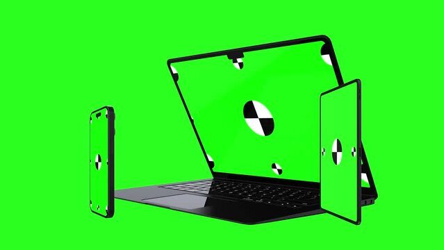 Laptop, tablet computer, smartphone with green screens. 3D animation for presentation on mockup screen.
