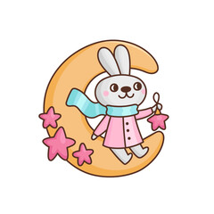 Cute bunny sitting on the moon with stars. Funny rabbit in winter clothes. Vector illustration for Christmas or mid autumn festival isolated on white background.