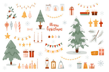 Vector set of Christmas and New Year decorations: stars, snowflake, Christmas tree, garland of lamps and flags, gift boxes, lanterns, candles, balls, mistletoe, holly. Festive set