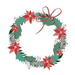 Naklejka premium Christmas decoration, a wreath made of fir branches, puancetti, pine, holly, mistletoe
