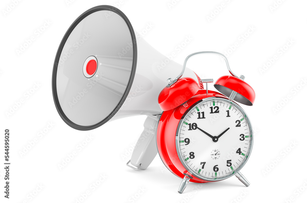 Poster megaphone with alarm clock, 3d rendering