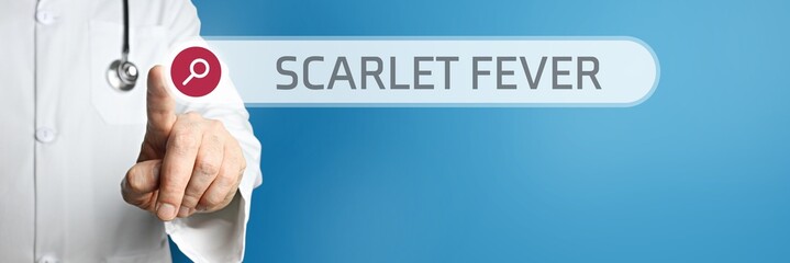 Scarlet fever. Doctor in smock points with his finger to a search box. The term is in focus. Symbol...