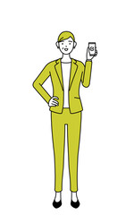 仕事でスマホを使うスーツ姿のシニア女性、女性管理職・キャリアウーマンのシンプルな線画イラスト