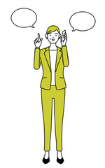 電話をしながら指さしをするスーツ姿のシニア女性、女性管理職・キャリアウーマンのシンプルな線画イラスト