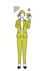 預金通帳を見て落ち込むスーツ姿のシニア女性、女性管理職・キャリアウーマンのシンプルな線画イラスト