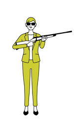 サングラスをかけてライフル銃を持つスーツ姿のシニア女性、女性管理職・キャリアウーマンのシンプルな線画イラスト