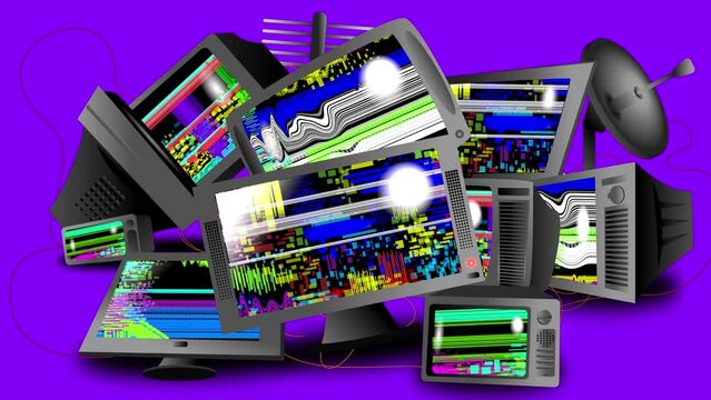 Falling TVs with flickering screens, white noise, and glitch effects. Concept of video transition with the approximation of the display. Stock 4k video with concept media with alpha channel.