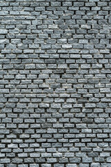 Fill the frame with grey brick wall background, vertical image, weathered condition, and daylight image.