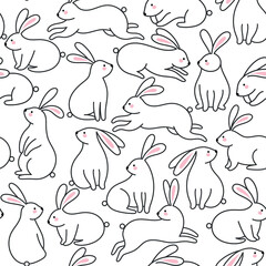 Line rabbit vector seamless pattern. Outline bunny seamless packground