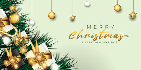Merry Christmas Banner. Christmas poster, greeting cards. Xmas Background design of sparkling lights with realistic gifts box, and glitter gold confetti. New Year greetings.