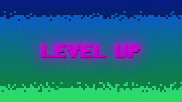 Level up message, retro gaming 80s, nostalgic neon pixel background. Neon glitchy pixel text.