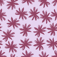 Purple flowers brush textured on light pink background. Floral seamless pattern for fabric cover background. vector graphic