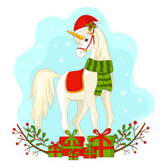 A Christmas unicorn in a hat, scarf and harness with gifts, holly branches and snowflakes