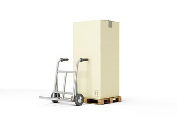 Hand truck with a big cargo box on pallete isolated on white background