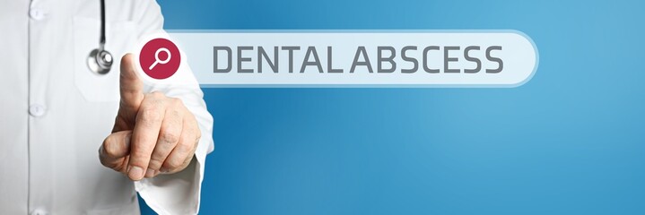 Dental abscess (periapical abscess). Doctor in smock points with his finger to a search box. The...