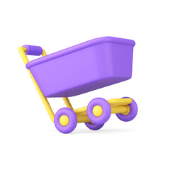 Glossy purple supermarket trolley diagonally displaced store notification realistic 3d icon