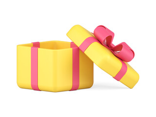 Bright yellow squared gift box with open cap pink bow realistic 3d icon