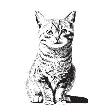 Cute kitten hand drawn engraving sketch.Vector illustration.