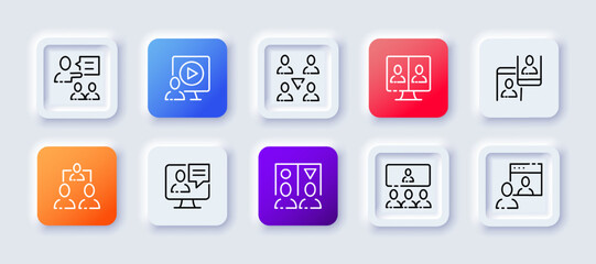 Working communication set icon. Speak, speach, employee, presentation, achievements, personal goals, arrow, diagram. Business concept. Neomorphism style. Vector line icon for Business