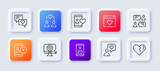 Dating app set icon. Website, meeting, heart, feeling, love, like button, cursor, finger, speech bubble, couple. Long distance relationships concept. Neomorphism style. Vector line icon for Business
