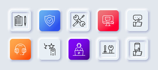 Feedback set icon. Clipboard, checklist, shield, tick, screwdriver, wrench, comment, message, like, positive feedback, headset, rating, rate, operator, fix. Communication concept. Neomorphism style