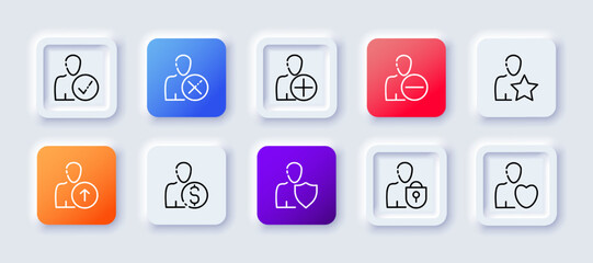 Man with button set icon. Plus, minus, star, gear, dollar, clock, tick, cross, pointer. Add, delete, favorites, settings, time, protection, etc. Neomorphism style. Vector line icon for Business