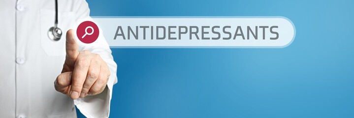 Antidepressants. Doctor in smock points with his finger to a search box. The term is in focus....