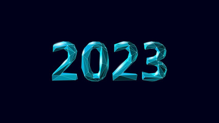 2023 New Year 3D metal ice texture. Glowing shape blue dark neon number illustration. Celebration decoration steel silver chrome poster greeting card vector