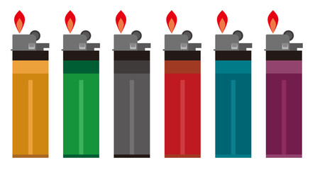 Front view of various designs and colors of lighters with small flames.
