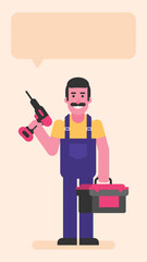 Repairman holding electric drill and suitcase with tools