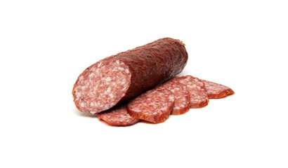Pork and venison salami smoked, matured sausage and salami slices isolated on white background