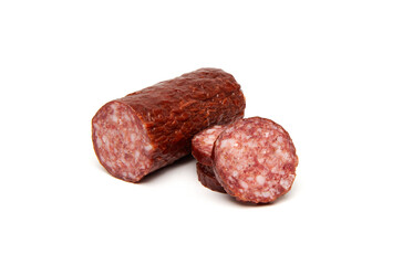 Pork and venison salami smoked, matured sausage and salami slices isolated on white background