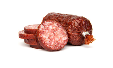 Pork and venison salami smoked, matured sausage and salami slices isolated on white background