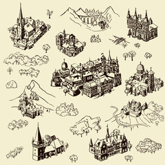 Simple line art draw with cities, towns, buildings and landmarks from Europe © QatlasMap