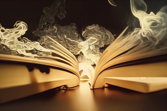 Open book on a dark background, night landscape, dark forest, dark street. Big magic mirror. Smog, smoke, abstract neon light.