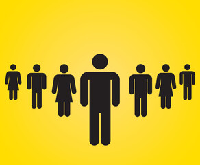 Society of people following a leader. Group of Men and women Team icon flat. Illustration showing leadership isolated on yellow background. Vector sign symbol