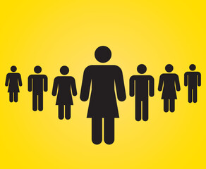Society of people following a woman leader. Group of Men and women Team icon flat. Illustration showing leadership isolated on yellow background. Vector sign symbol