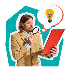 Contemporary art collage. Creative design. Businessman attentively reading document, revealing new ideas.
