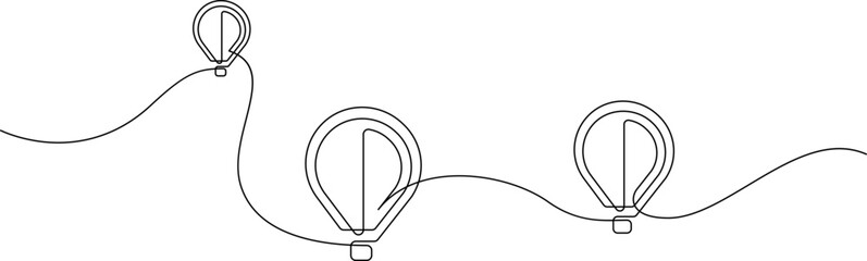 Hot air balloons flying in sky sign. Continuous one line drawing. Vector illustration.