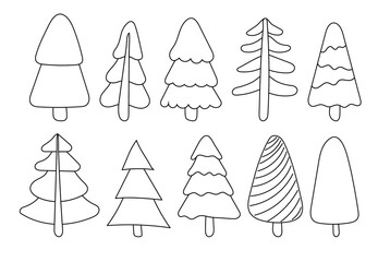 Doodle Christmas Trees. Outline fir tree hand drawn set. Simple style trees.