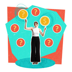 Contemporary art collage. Creative design. Office manager, woman with questions marks symbolizing...