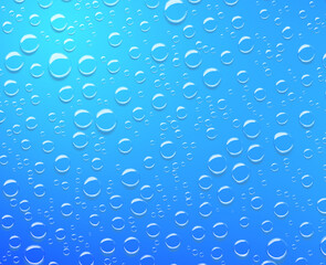 Surface of water with bubbles or clear drops, 3d render. Mockup abstract texture with liquid spheres for ad cosmetic product. Condensation droplets, rain or dew on blue background. 3D illustration