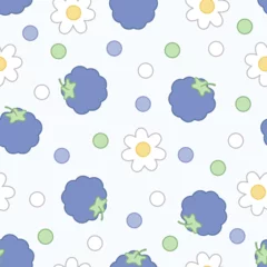 Foto auf Acrylglas Seamless pattern in kawaii style of blackberries, white flowers and green, white, and purple dots on a purple background © Татьяна Рябова