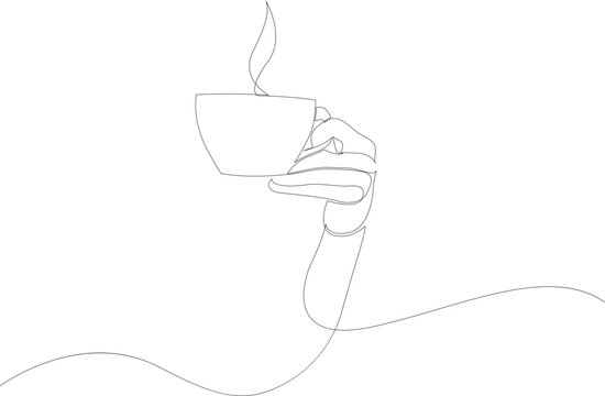 Continuous line drawing of the hand holding a cup of hot tea or coffee. Vector illustration.